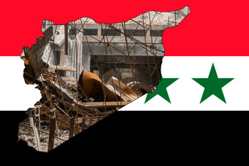 Earthquake in Syria. Remains of a destroyed building. A picture in the form of a map of Syria against the background of the national flag of Syria