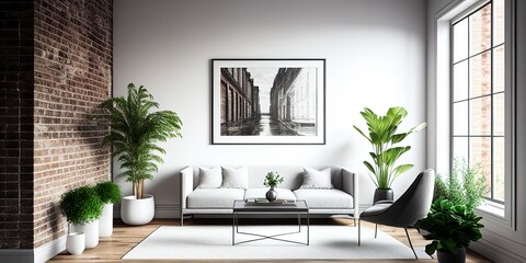 modern minimalistic luxury apartment living room, brick wall, and white wall, white sofa and plants, 3D rendering
