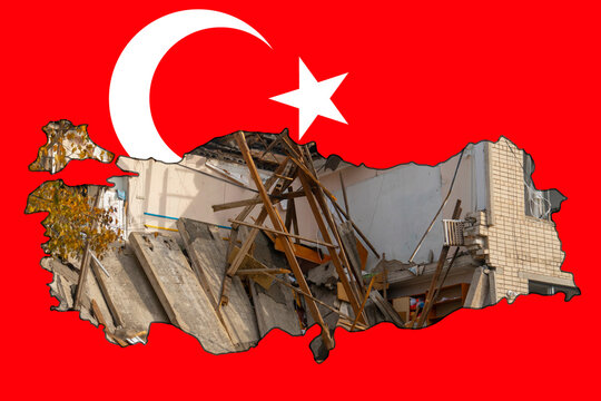 Earthquake in Turkey. Half destroyed building. A picture in the form of a map of Turkey against the background of the national flag of Turkey