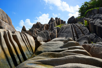 Granite rocks near Anse Source d'Argent beach. La Digue island, Seychelles.