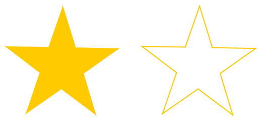 Yellow full star and yellow star frame icons isolated on white background, two golden star shapes, flat icons for apps and websites, illustration vector