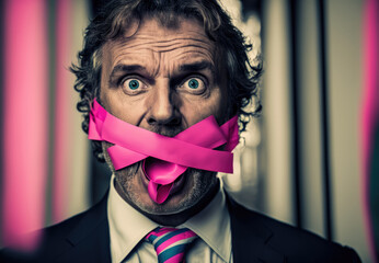 Woke feminism having silenced the freedom of speech of a white straight male by taping his mouth with pink tape as a gesture of positive discrimination or gender equality, copy space, generative ai - obrazy, fototapety, plakaty
