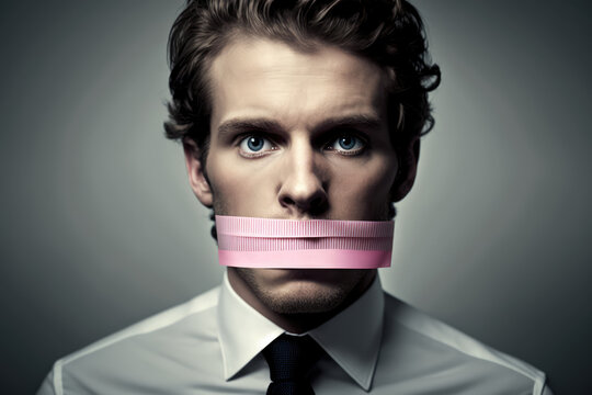 Feminism having silenced the freedom of speech of a white straight male by taping his mouth closed with pink tape as a gesture of positive discrimination or gender equality, copy space, generative ai