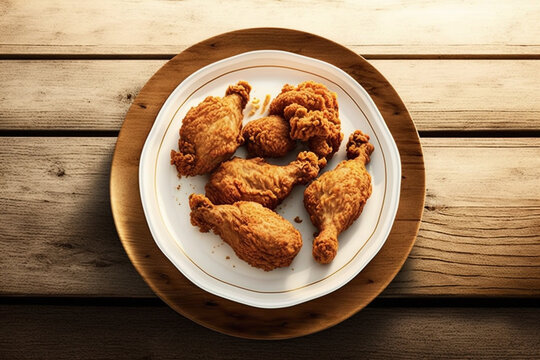 Delicous fried chicken, pan-fried and deep fried, with golden crisp coating on a nice plate. AI generated.