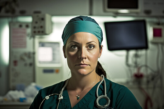 Portrait of specialist nurse in operating theatre. Generative IA