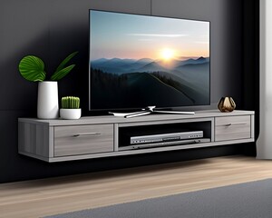 Interior design for grey floating shelf TV stand.