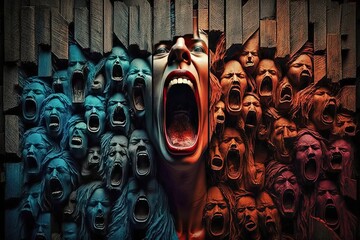 many human faces is screaming out loud, idea for bad mental health, depression and pain in your soul, Generative Ai