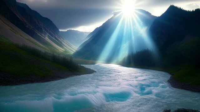 River  flowing through a valley, mystical, fantasy, fairy tale, magical, generative AI