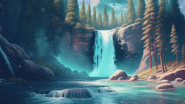 Waterfall in a green serene forest, mystical, fantasy, fairy tale, magical, generative AI