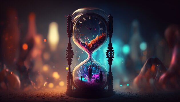 sand vintage hourglass with glitter glow background, generative Ai