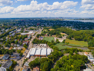 Quincy historic city landscape aerial view on Hancock Street in Quincy, Massachusetts MA, USA.