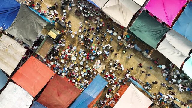 Aerial view of people at local market in Minar Moshjid Tabling for the Global Muslims Congregation in Tongi, Dhaka, Bangladesh.