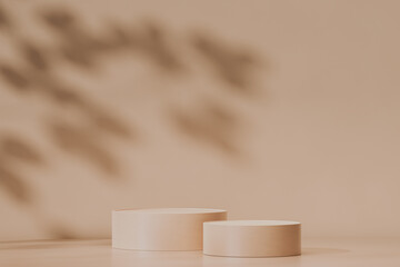 Minimal beige cylinder pedestal or podium for product showcase. Stand spring product mockup. Empty mockup. Blank background product stage. Nature leaf shadows. 3d render illustration