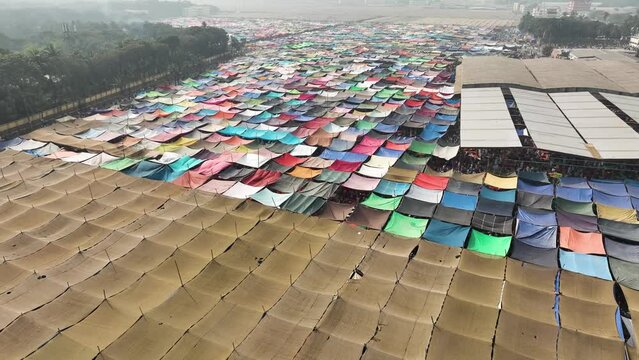Aerial view of local market colourful tents at Minar Moshjid Tabling for the Global Muslims Congregation in Tongi, Dhaka, Bangladesh.