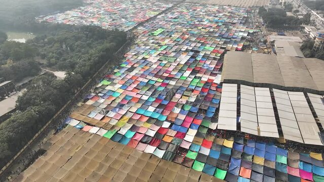 Aerial view of local market colourful tents at Minar Moshjid Tabling for the Global Muslims Congregation in Tongi, Dhaka, Bangladesh.