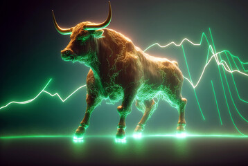 a bull as bull-market, green lightning and powerful energy. Generative AI