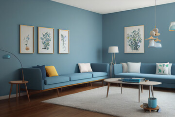 Beautiful Pastel Blue Mid Century Modern Living Room Interior with Spring Furniture Made with Generative AI