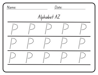 Alphabet tracing practice Letter P. Tracing practice worksheet. Learning alphabet activity page