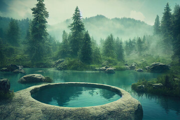 Spa Relaxing Hot Spring for Relaxing with Mountain Forest Spring Views Made with Generative AI - obrazy, fototapety, plakaty
