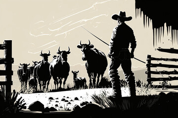 Cowboy silhouette leading a herd of cows to ranch, illustration, generative AI