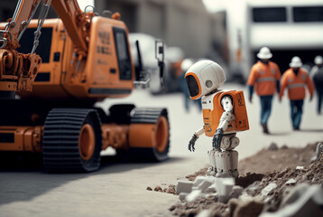 Fototapeta premium a cute little construction site robot, humanoid android with artificial intelligence for autonomous action,. Generative AI