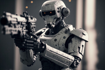 An armed robot with a gun, policeman police or in war as a soldier, metallic armored humanoid android robot with artificial intelligence. Generative AI