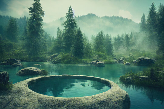 Spa Relaxing Hot Spring for Relaxing with Mountain Forest Spring Views Made with Generative AI