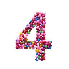 The number Four is made with multi-colored balls isolated on a white background.