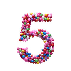 The number FIVE is made with multi-colored balls isolated on a white background.