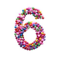 The number SIX is made with multi-colored balls isolated on a white background.