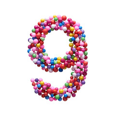 The number NINE is made with multi-colored balls isolated on a white background.