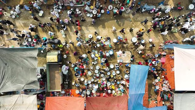 Aerial view of people at local market in Minar Moshjid Tabling for the Global Muslims Congregation in Tongi, Dhaka, Bangladesh.