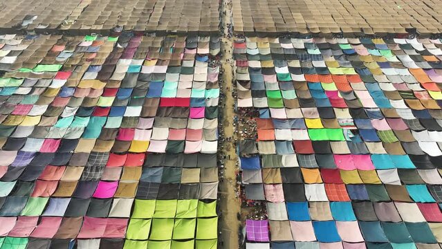 Aerial view of local market colourful tents at Minar Moshjid Tabling for the Global Muslims Congregation in Tongi, Dhaka, Bangladesh.
