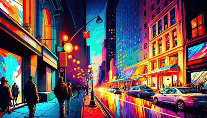 vibrant city street at night. Generative AI image.