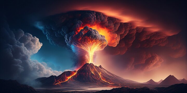 Vulkanausbruch mit Auswurf gl&uuml;hender Lava und pyroklastische Wolke, ai generativ