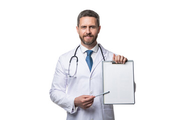 happy doctor presenting clipboard. doctor isolated on white. doctor hold medical record - obrazy, fototapety, plakaty