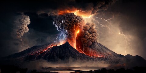 Vulkanausbruch mit Auswurf glühender Lava und pyroklastische Wolke, ai generativ
