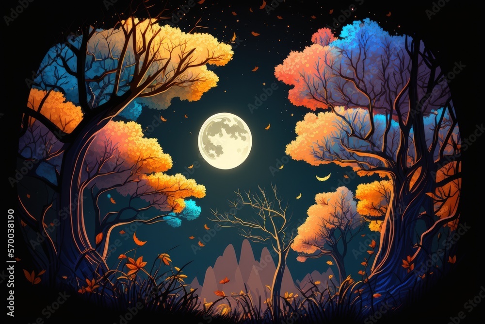 Sticker autumn night moon sky trees stars. Generative AI