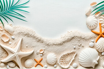 Fototapeta na wymiar Decoración de motivos marinos, elementos del océano, conchas y estrellas de mar sobre la arena, copy space, generative ai.