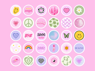 Y2k trendy icons. Social media highlights covers. Cute Y2k stickers. Vector