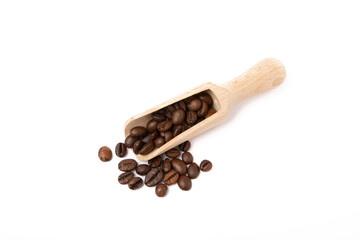 Coffee beans in wooden spoon isolated on white background.