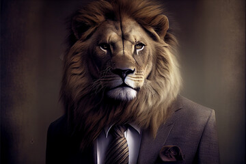 Portrait of lion dressed in formal business suit with tie and jacket. Humanized lion's portrait. High quality ai generated illustration.