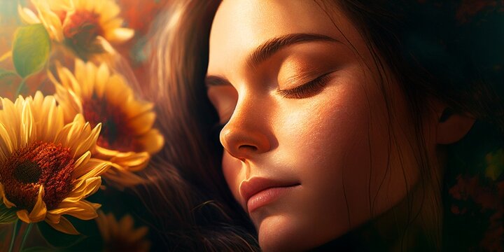 Junge hübsche Frau liegt im Sonnenblumen Bett und genießt die Sonnenstrahlen und den Duft, ai generativ