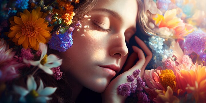 Hübsche Frau Gesicht liegt im bunten Blumen Bett Nahaufnahme, ai generativ