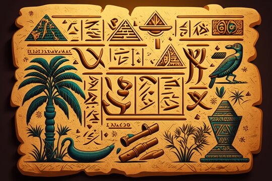 Ancient artwork and Egyptian hieroglyphs on papyrus and clay tablets. the ancient African civilizations and Egyptian art. Generative AI