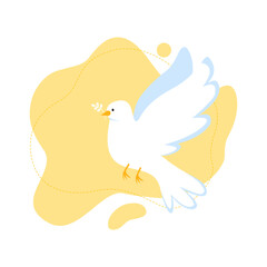 Cute dove of peace in the colors of the Ukrainian flag. The concept of peace in Ukraine. Vector abstract illustration isolated on the background of an abstract stain for design and web. 