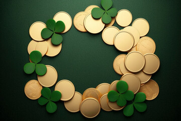 Patrick's day, gold coins and shamrock leaves. Light simple background large center empty, top view - Generative Ai