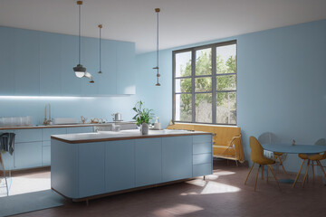 Fototapeta na wymiar Sunny Baby Blue Mid Century Modern Kitchen Interior with Spring Decor Made with Generative AI
