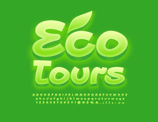 Vector artistic Emblem Eco Tours.  Green handwritten Font. Bright creative Alphabet Letters, Numbers and Symbols set