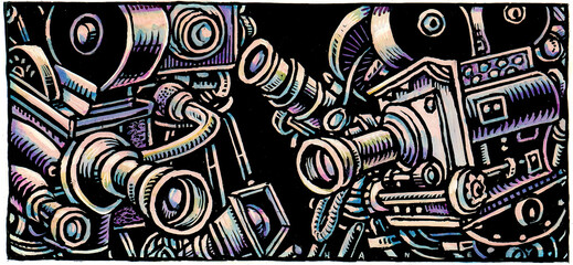 Movie cameras on a black background